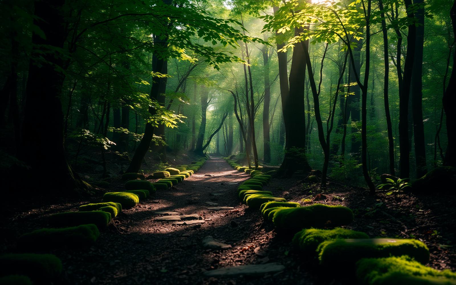 Sunlight through a forest path
