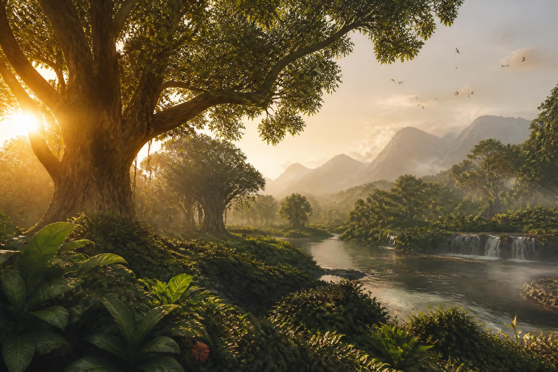 Cinematic garden landscape at sunrise: trees, river, mountains